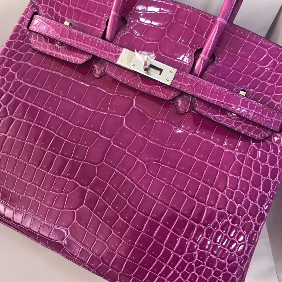 hermes birkin25cm 爱马仕玫瑰紫亮面湾鳄鱼皮铂金包