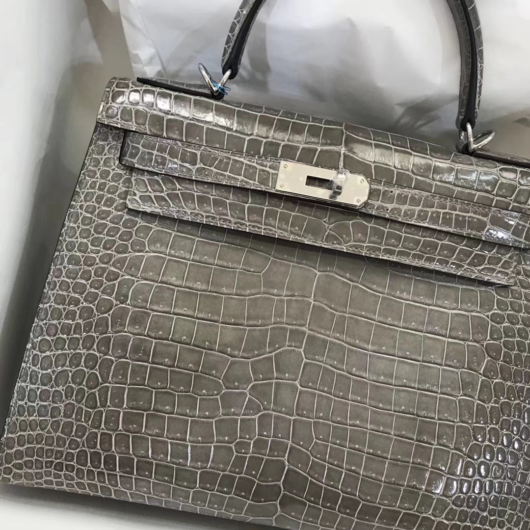 hermes kelly28cm 爱马仕c81斑鸠灰亮面鳄鱼皮凯莉包