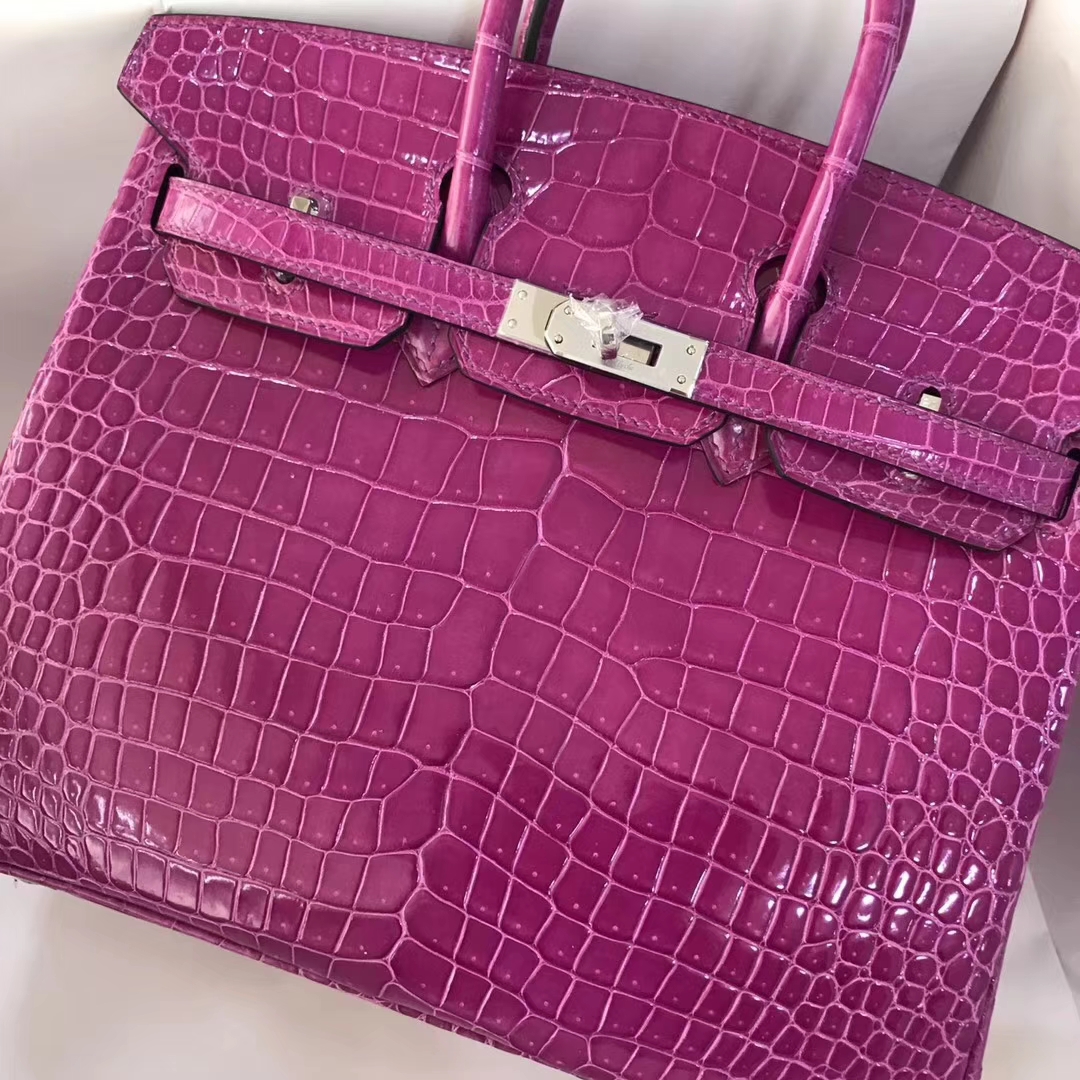 hermes birkin25cm 爱马仕玫瑰紫亮面湾鳄鱼皮铂金包