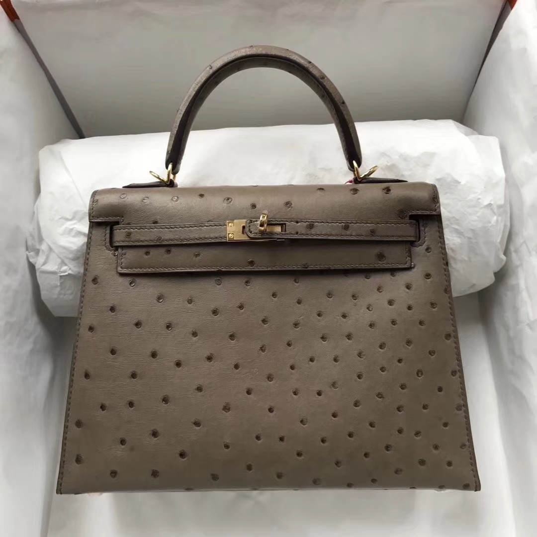 hermes kelly25cm 爱马仕栗子棕原厂kk鸵鸟皮凯莉包 金扣