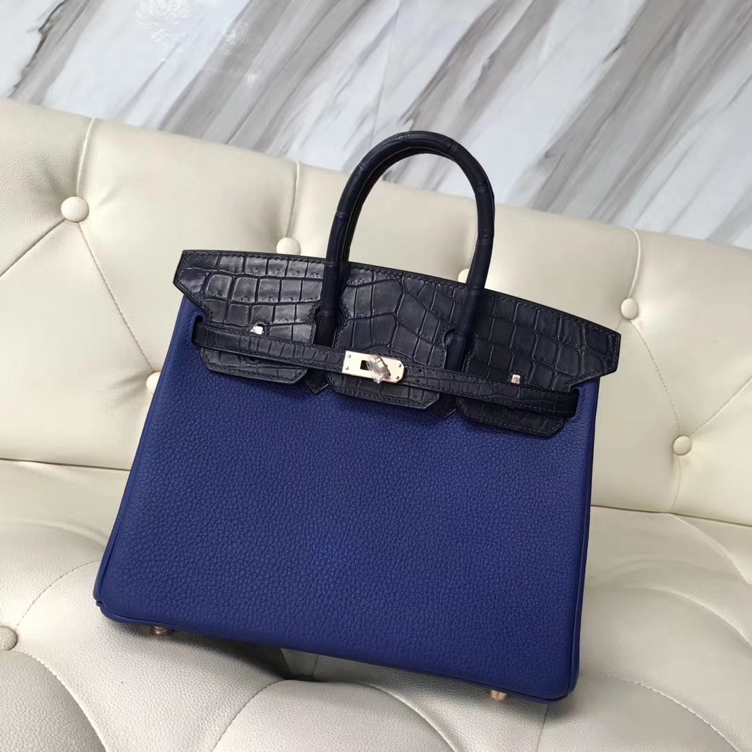 birkin25cm 爱马仕电光蓝togo小牛皮拼深蓝色鳄鱼皮铂金包 玫瑰金扣