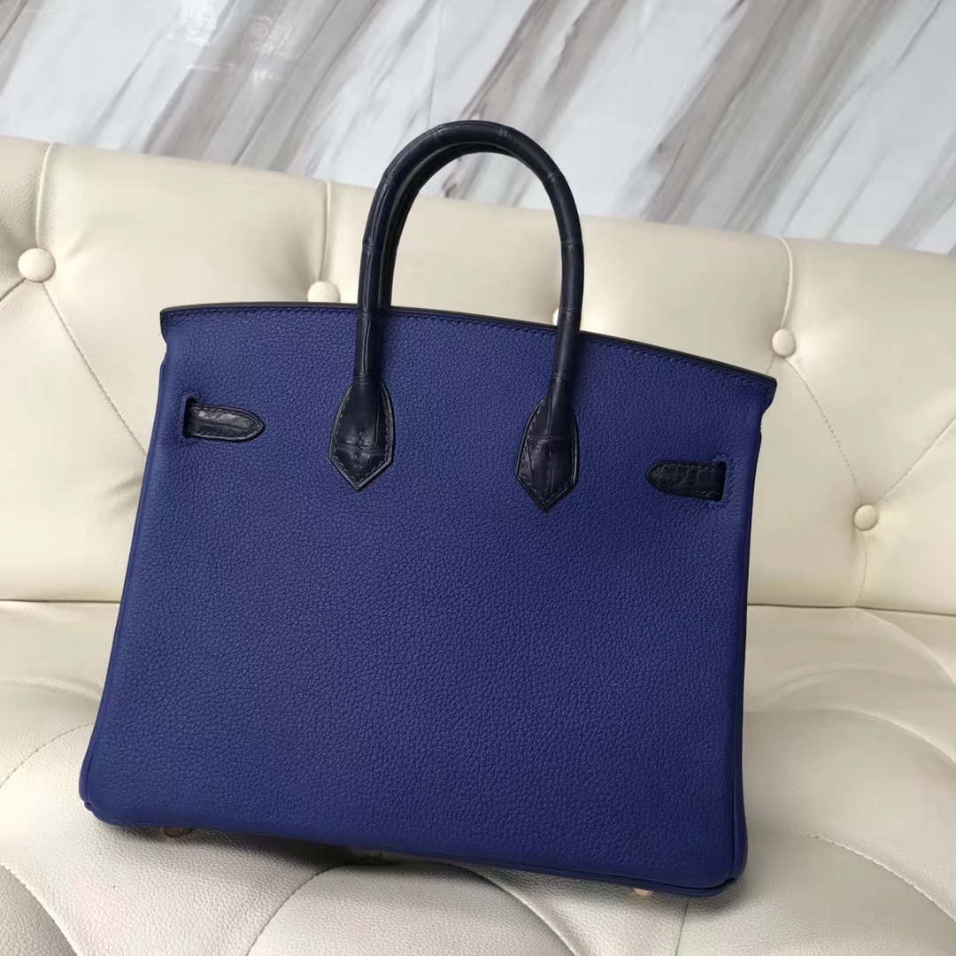 birkin25cm 爱马仕电光蓝togo小牛皮拼深蓝色鳄鱼皮铂金包 玫瑰金扣