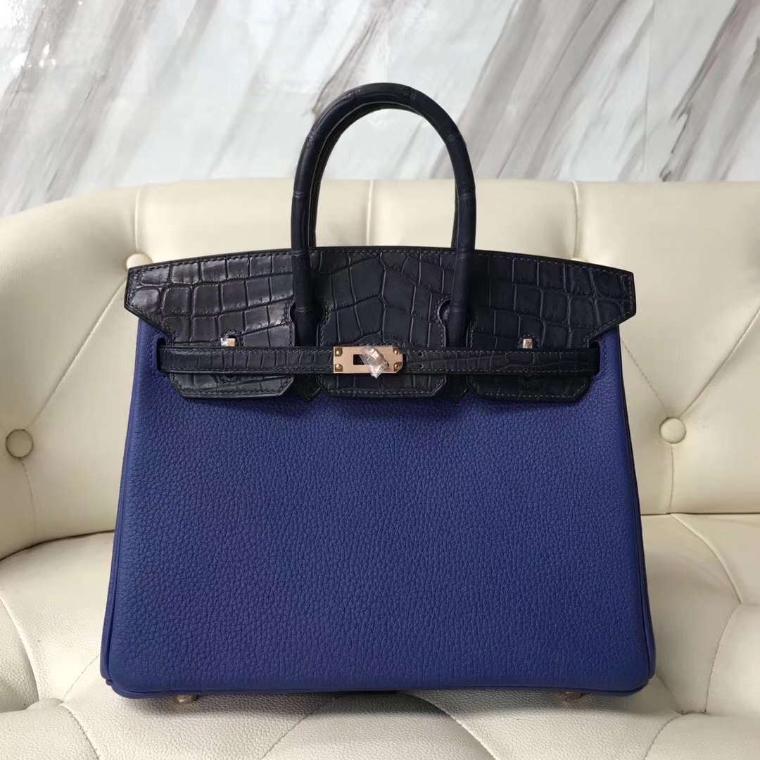 birkin25cm 爱马仕电光蓝togo小牛皮拼深蓝色鳄鱼皮铂金包 玫瑰金扣