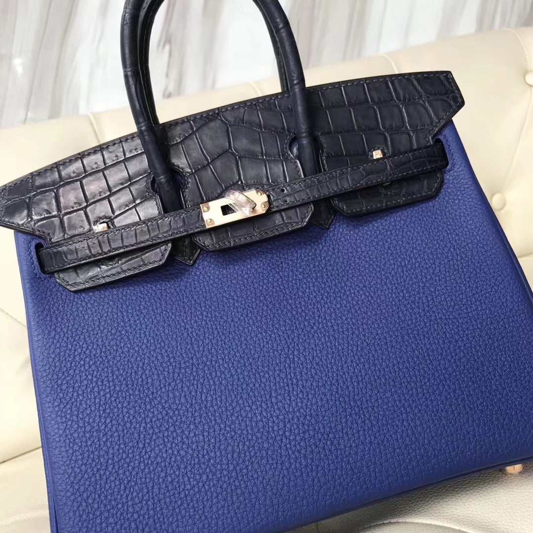 birkin25cm 爱马仕电光蓝togo小牛皮拼深蓝色鳄鱼皮铂金包 玫瑰金扣