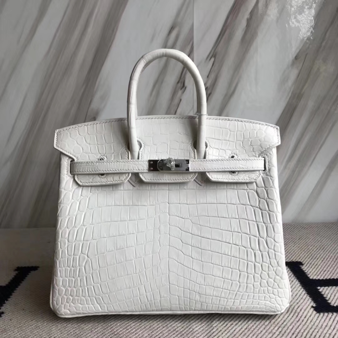 hermes birkin25cm 爱马仕进口雾面鳄鱼皮铂金包 01纯白色 银扣