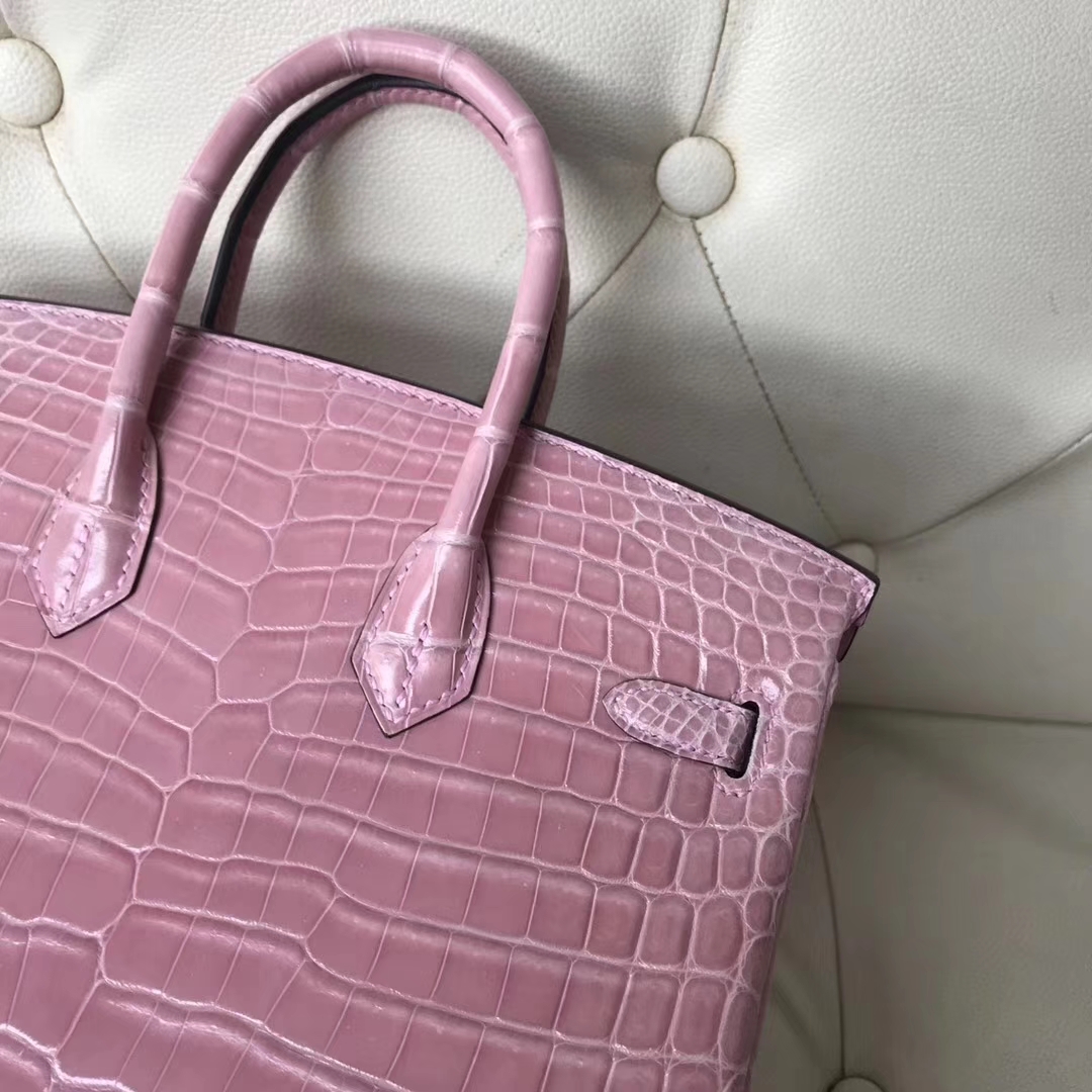 爱马仕铂金包尺寸 hermes birkin25cm 5z印度粉亮面鳄鱼皮 银扣